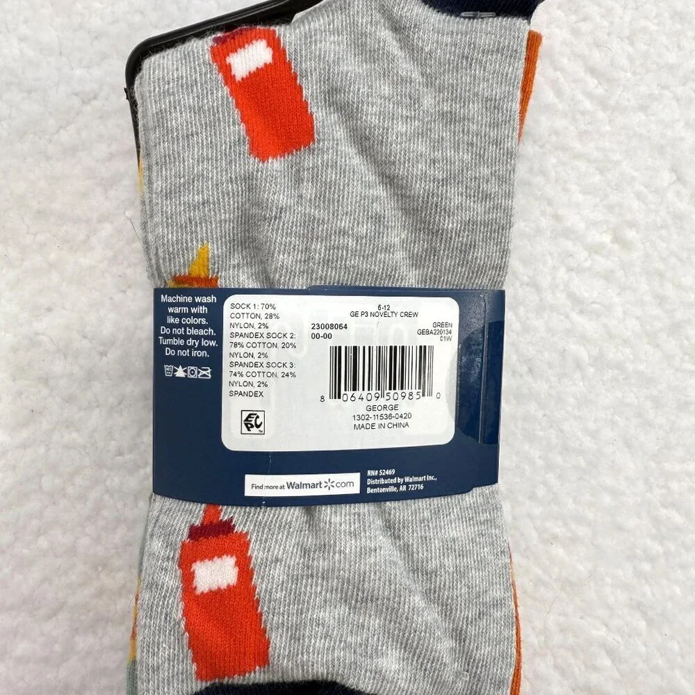 George 3 Pair‎ Novelty Fashion Crew Socks Ketchup Mustard Hot Dog BBQ Size 6-12